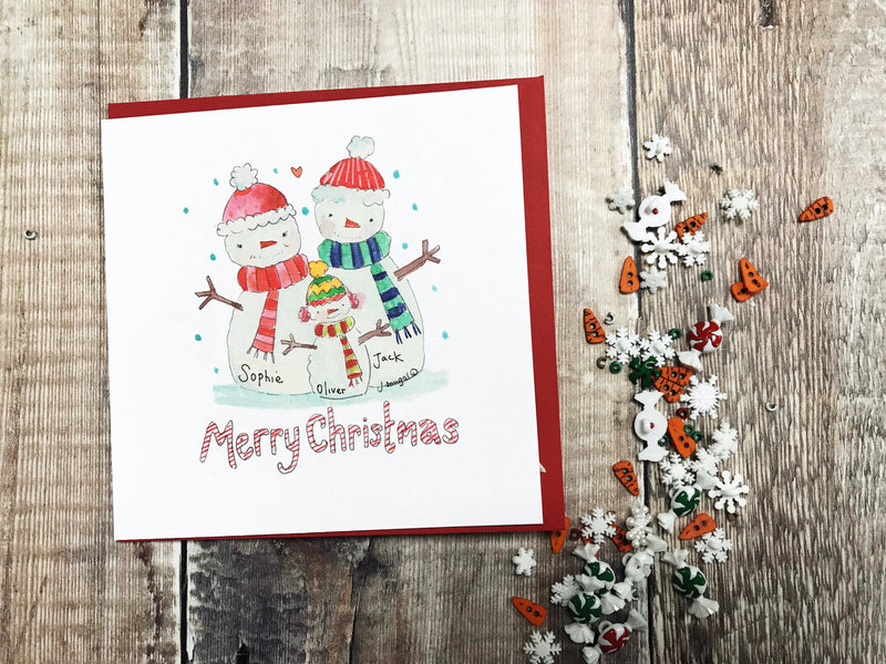 "Family of 3 Snowmen" Christmas Card - Personalised