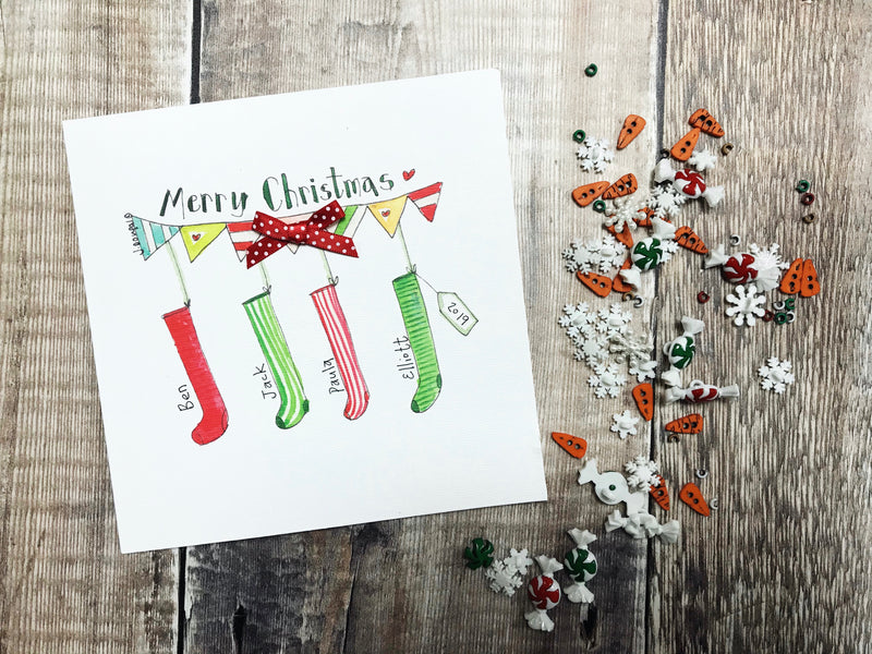 "4 Stockings" Christmas Card - Personalised