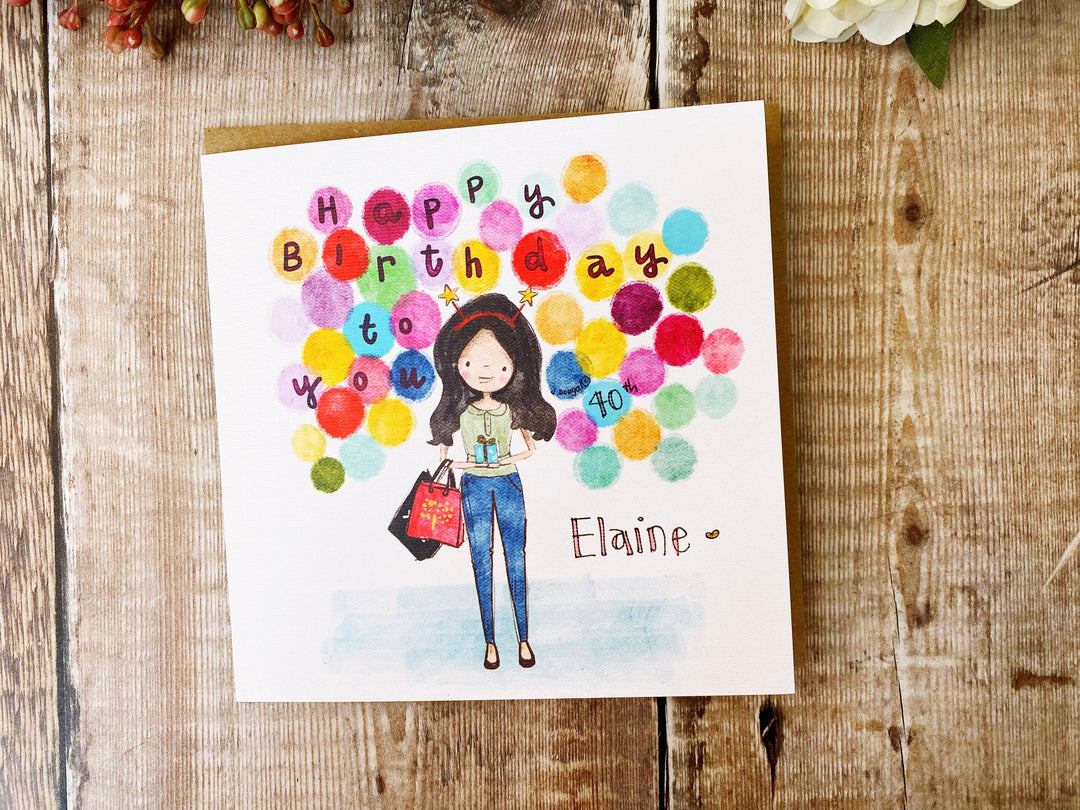 Girl with balloons Card - Personalised
