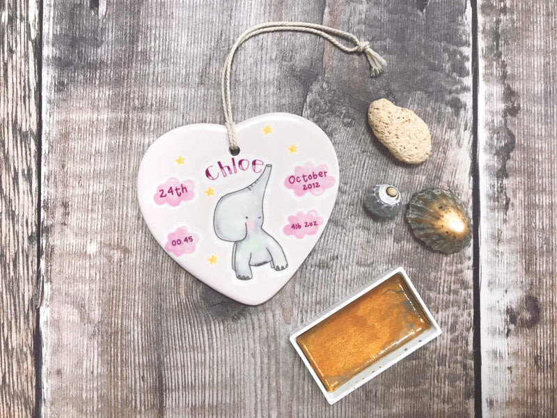 Personalised Pink Elephant Ceramic Heart