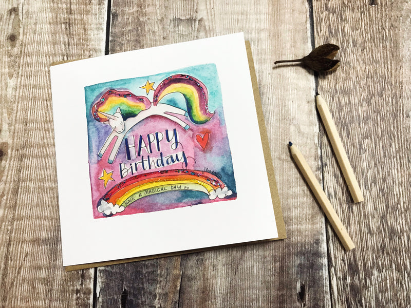 "Happy Birthday Unicorn Rainbow" Card - Personalised