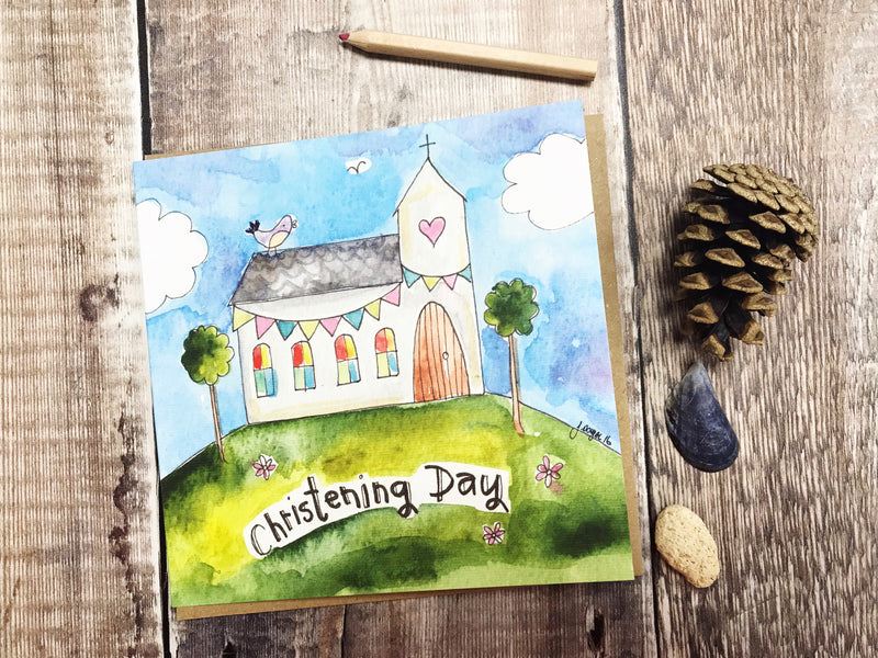 Christening Day Scene Little Church Card- Personalised