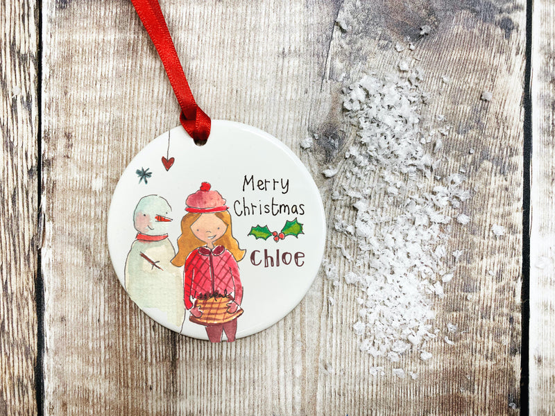 Girl and Snowman Christmas Ceramic Bauble
